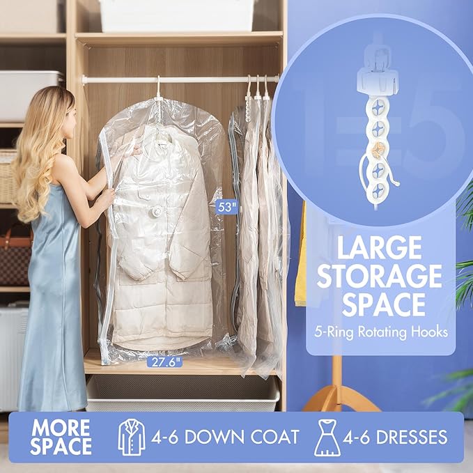 Hanging Vacuum Storage Bags, 4 Pack (53 x27.6 inch), Vacuum Seal bags for Clothing, Garment Storage for Jacket, Suits, Dresses, Closet Oragnization and Storage