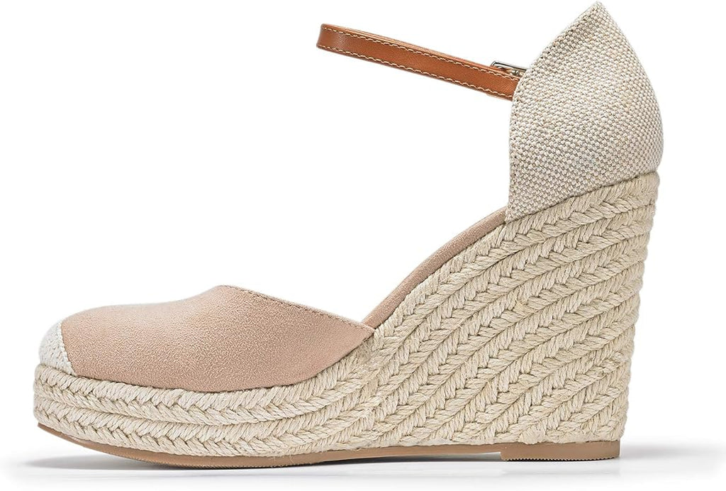 FISACE Womens Summer Espadrille Heel Platform Wedge Sandals Ankle Buckle Strap Closed Toe Shoes