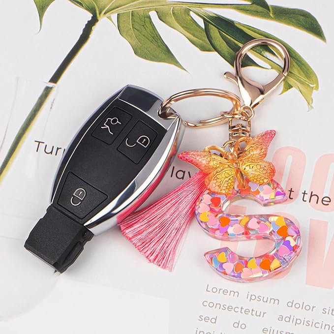 Suweibuke Colourful Cute Initial Letter Keychains for Women Girls with Tassel Butterfly, Charm for Purse Handbags Backpacks