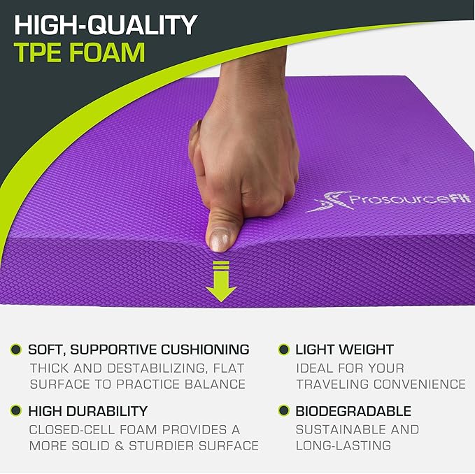 ProsourceFit Exercise Balance Pad – Non-Slip Cushioned Foam Mat & Knee Pad for Fitness and Stability Training, Yoga, Physical Therapy 15.5”x12.75”, Purple