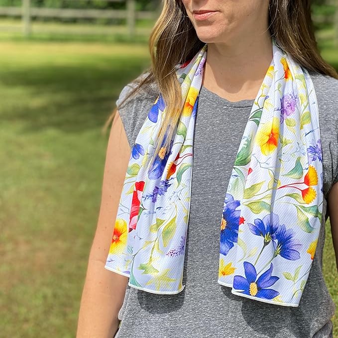 SHAKEitCOOL Extended Size Cooling Towel – Be Cool in Style - Heat Relief, Soft, Lightweight, Sun Protection, Easy Clean - Perfect for Biking, Hiking, Running, Yoga, Golf, Gardening - Summer Flower M