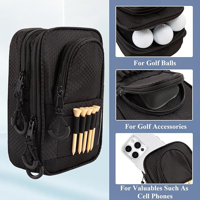 Golf Ball Bag Valuables Pouch,Golf Tee Bag Pouch Accessories with Detachable Carabiner Large Capacity Multiple Compartments can Store 12-15 Balls,Tees,Gloves,Mobile Phone and Keys,Black