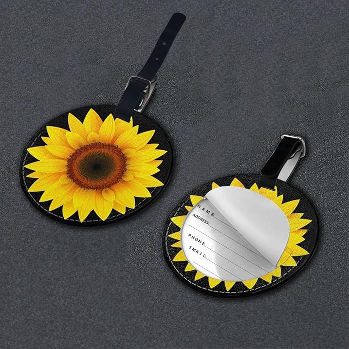 Sunflower Flower Black Luggage Tags for Suitcases, Pu Leather Baggage Tags Identifiers for Travel, Name Id Label Tags for Baggage Bag Women Men