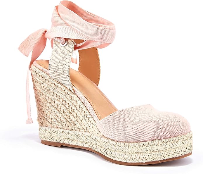 FISACE Womens Summer Espadrille Heel Platform Wedge Sandals Ankle Buckle Strap Closed Toe Shoes