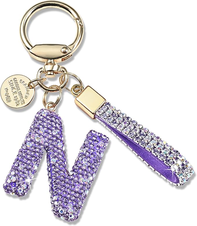 Pink Blue White Initial Letter Keychain Gift for Women Girls Bling Sparkly Cute Backpack Car Key Accessories Lanyard