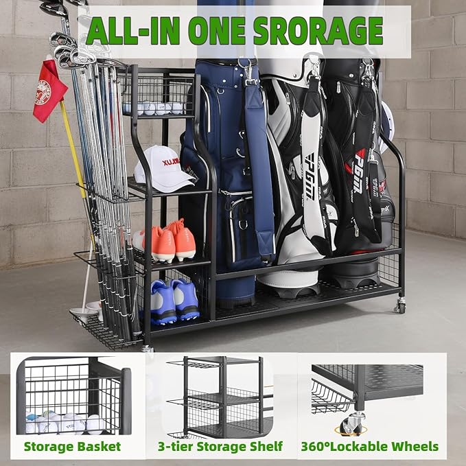 4-in-1 Golf Bag Storage Organizer,Extra Large Capacity Golf Storage Rack Holder for Garage & Basement, Heavy Duty Golf Club Storage Stand Holds Golf Bags, Clubs, Balls & Golf Equipment Accessories