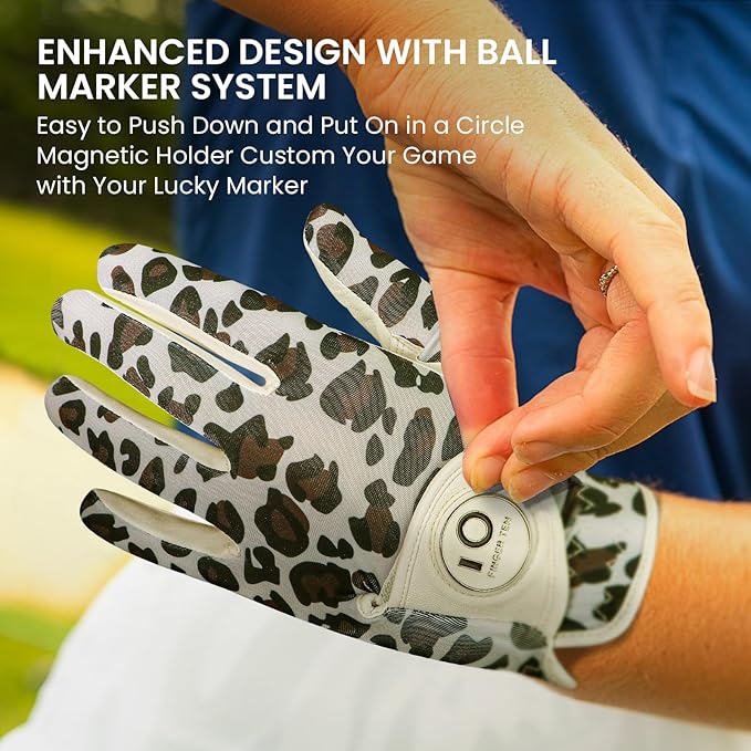 FINGER TEN Stylish Golf Gloves Women with Ball Marker 1 Pack for Left or Right Hand, Breathable Glove with Fashion Patterns for Ladies Right Left Handed Golfer