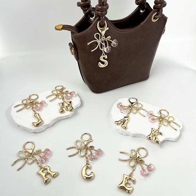 Gold Bubble Heart, Cherry, Bow & More Designs Letter Initial Keychain Bag Charms – Cute Purse Charms for Handbags