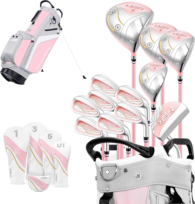PGM 18 Piece Women's Golf Clubs Full Set for Right Handed, Complete Golf Set for Beginner to Intermediate Golfers with Driver, Woods, Hybrid, Irons, P/S Wedges, Putter, Headcovers and Stand Bag