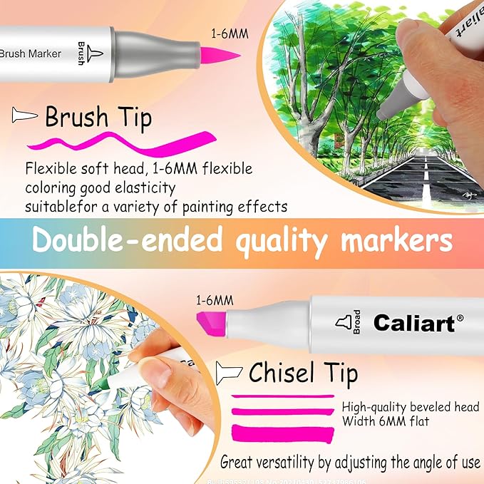 Caliart 61 Colors Pastel Alcohol Brush Markers, Art Marker Set Dual Tip Brush & Chisel, with Case Permanent Alcohol Based Colored Pens for Adults Coloring Book Artists Drawing Supplies Gifts