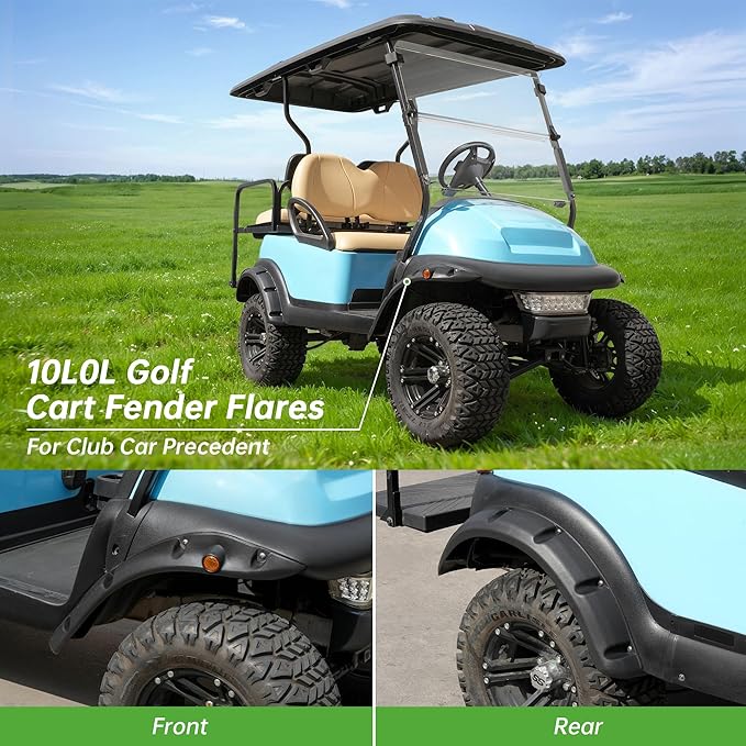10L0L 4PCS Golf Cart Fender Flares for Yamaha G29, EZGO TXT/RXV, Club Car DS/Precedent - Heavy Duty ABS Plastic Mud Guards with Reflectors & Stainless Steel Hardware