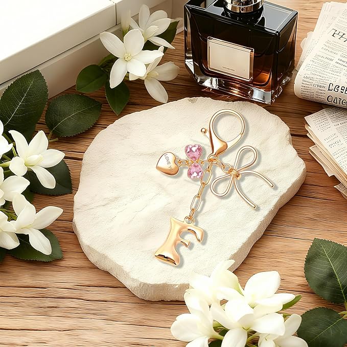 Gold Bubble Initial Keychain with Bow Decoration Bag Charms for Women, Cute Purse Handbag Accessories Gift