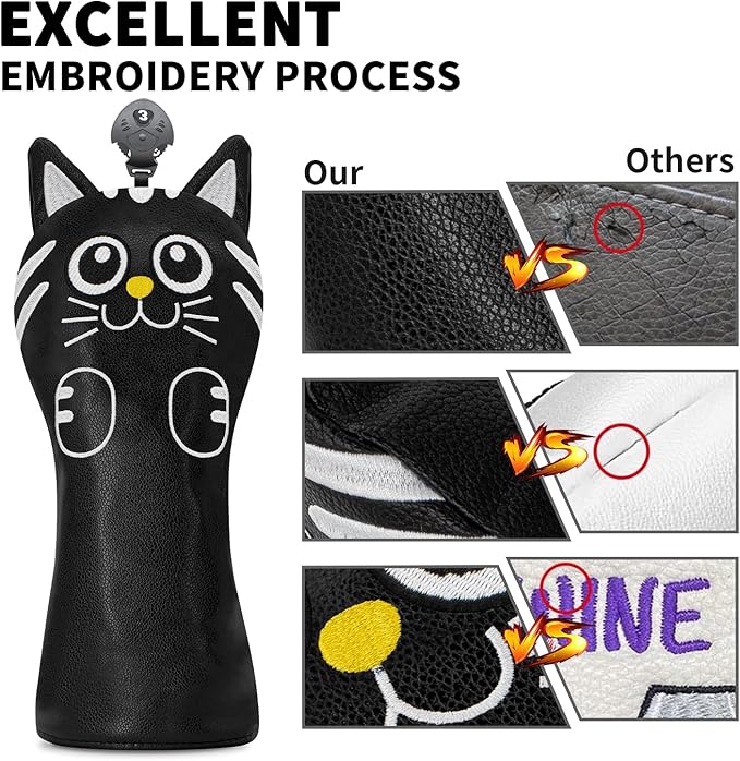 Golf Kitty Head Cover Golf Club White Leather Headcovers 1pc/4pcs Set Fits Driver Fairway Wood Hybrid Utility Putter Iron Wedge Headcover.