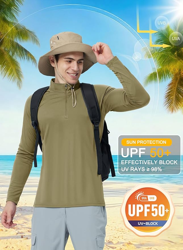 CRYSULLY Men's Long Sleeve 1/4 Zip Shirts Sun Protection Pullover UPF 50+ Rash Guard Running Lightweight T Shirt