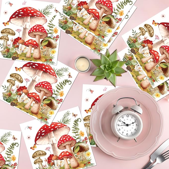 Mushroom Party Napkins Decorations, 50PCS Forest Mushroom Theme Decor, Fairy Tale Party Disposable Paper Napkins Set Supplies Size 6.5 Inch
