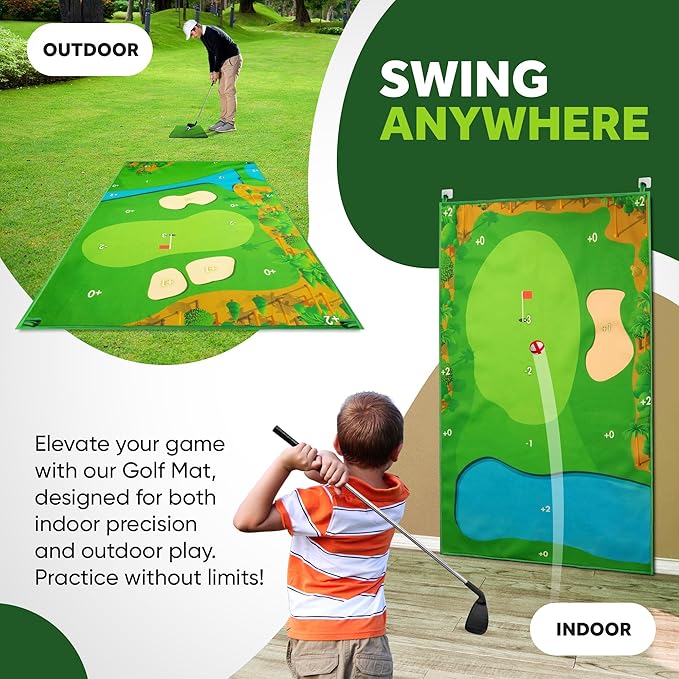 Battle Golf Game - Dual-Sided Mat, Realistic Course Design & Scoring System, Adjustable Height Clubs - Thick Grass-Like Chipping Mat for Indoor/Outdoor Family Golf Activity
