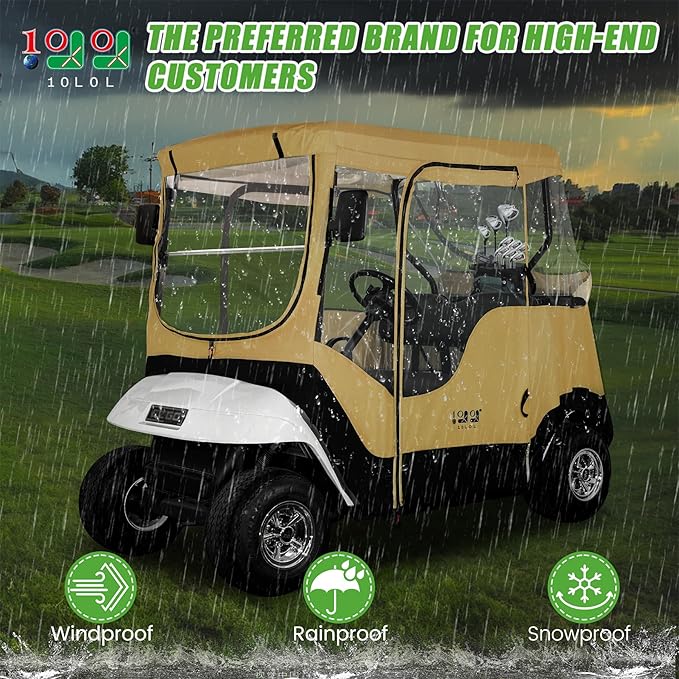 10L0L Golf Cart Enclosure Fit for 2 Passengers EZGO TXT RXV,600D Waterproof Snowproof Golf Buggy Keep Warm Cover, 2 Door Zippers 4-Side Clear Window and 4 Windproof Hooks Golf Cart Rain Cover, Black
