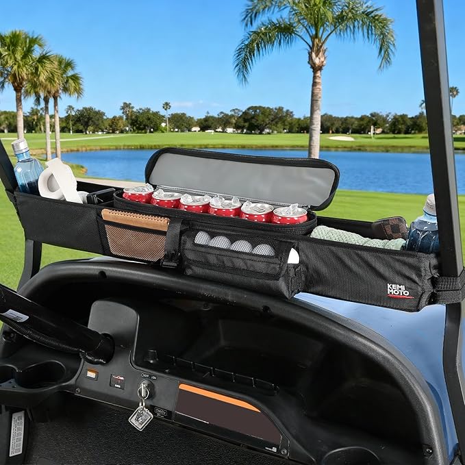 KEMIMOTO Golf Cart Storage Bag, Front Storage Basket with Insulated, Foldable Golf Cart Organizer Bag, Compatible with EZGO Club Car Precedent, Tempo, Onward, Drive2, No Drilling, Black