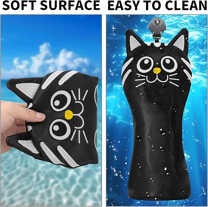 Golf Kitty Head Cover Golf Club White Leather Headcovers 1pc/4pcs Set Fits Driver Fairway Wood Hybrid Utility Putter Iron Wedge Headcover.