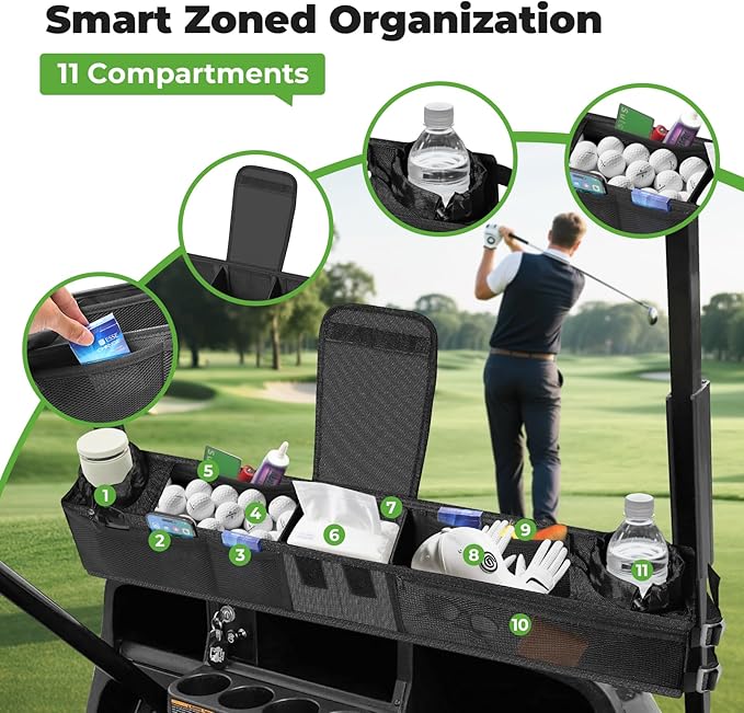 T TGBROS Universal Golf Cart Storage Organizer – Overhead Mesh Bag, Front Basket with Cup Holders & Push Cart Zippered Pouch Fits Club Car, EZGO, Yamaha, Kandi, Push Carts Large Capacity