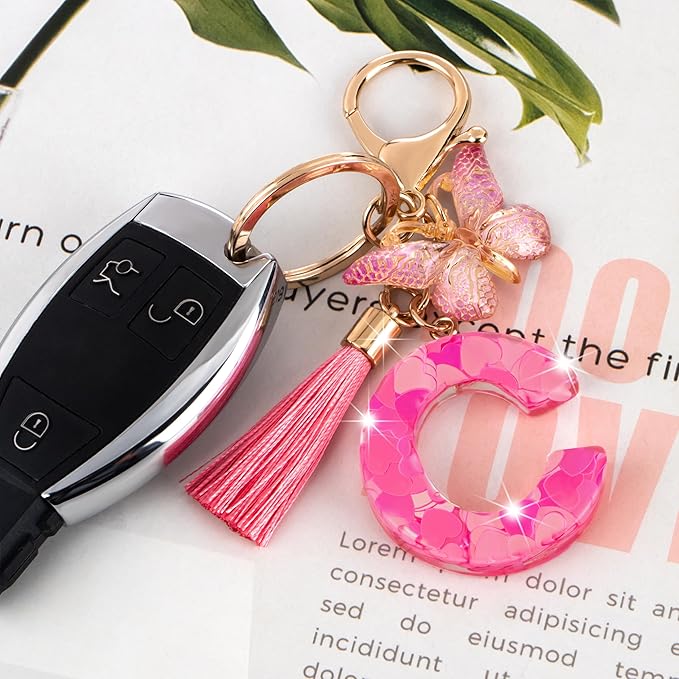 Suweibuke Colourful Cute Initial Letter Keychains for Women Girls with Tassel Butterfly, Charm for Purse Handbags Backpacks