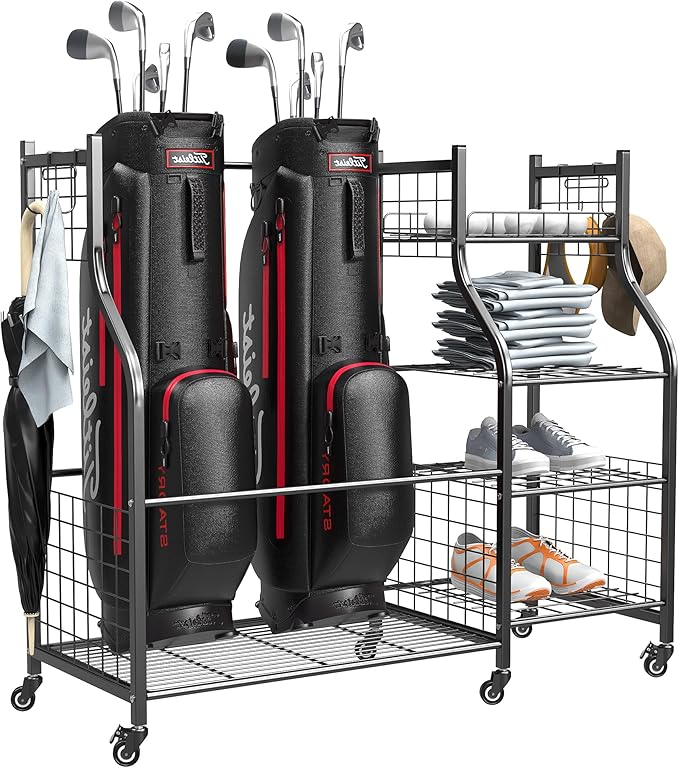 Ultrawall Golf Storage Organizer, Golf Bag Storage Stand for Garage, Golf Equipment Rack with Wheels Fits 2 Golf Bags and Golf Equipment Accessories