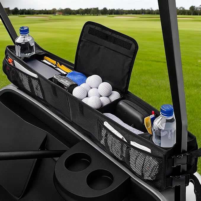 Golf Cart Storage Basket, No-Drilling Golf Cart Front Basket with Cooling Compartment & Adjustable Anti-Slip Buckle Strap, Fits Club Car, EZGO, Drive, Kandi Electric and ICON