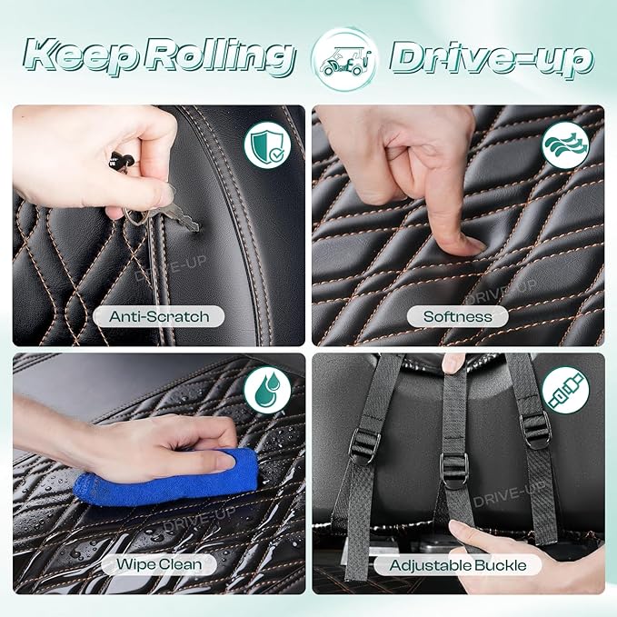 Drive-up Golf Cart Front Seat Covers Fit for Club Car Precedent, Waterproof Leather Club Car Seat Covers with Diamond Cross Pattern, Black PVC with Brown Stitching