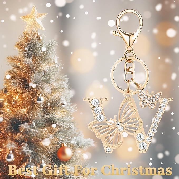 Gold Plated Alphabet Initial Letter Keyring Keychain for Women Girls Crystal Key Chains for Wallet Backpack Bag Charm