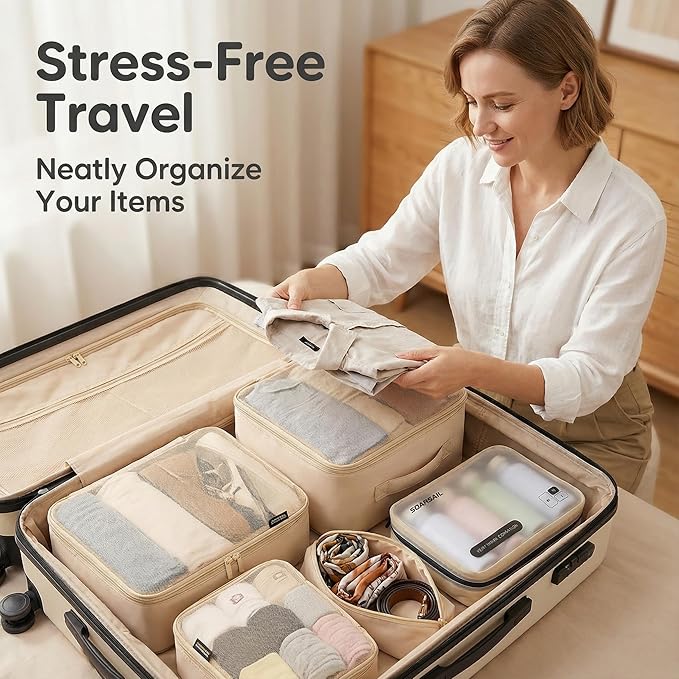 6 Set Compression Packing Cubes for Travel, Large Medium Small Luggage Organizers, Storage Bags for Clothes and Essentials (6 Pack, Mist Khaki)