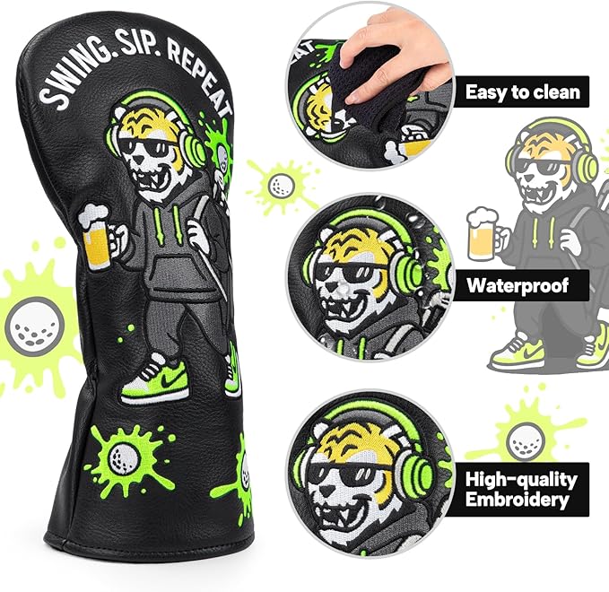 Golf Club Covers Funny Tiger Driver Cover Fariway Wood Headcover Hybrid Cover Leather Golf Headcover for Most Brand