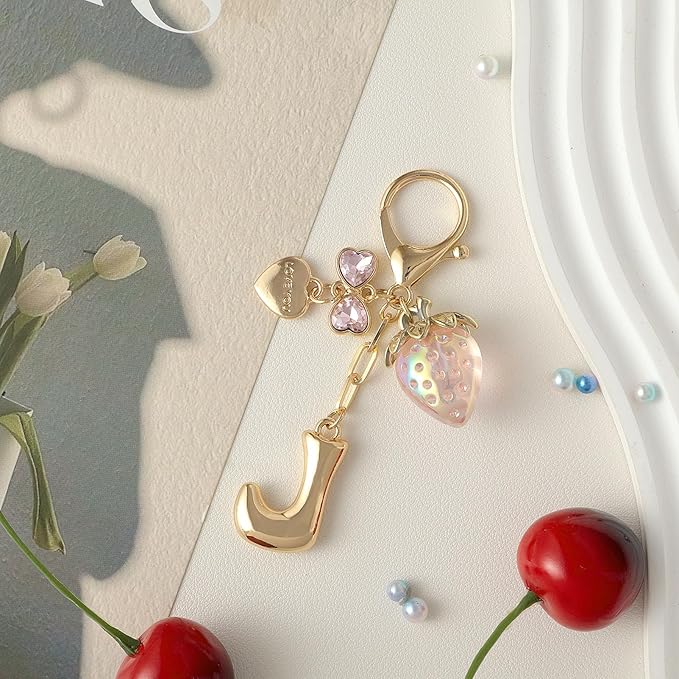 Snycler Bubble Initial Keychain with Strawberry & Bow- Gold Letter Bag Charms for Women, Cute Purse Handbag Accessories