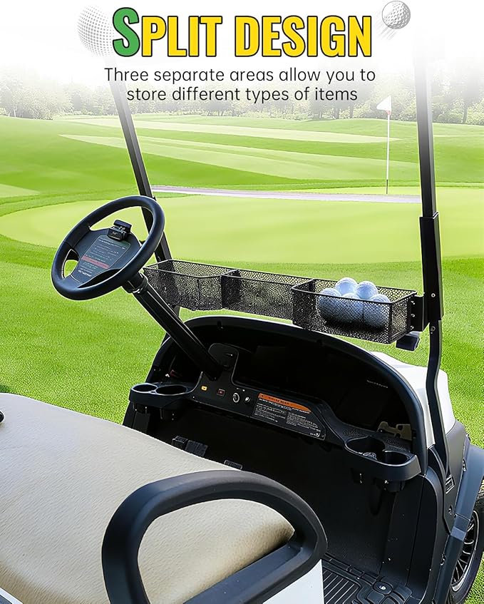 Black Inner Front Storage Basket Compatible with Club Car Tempo 2025 Accessories, Large 3-Compartment Golf Cart Front Dash Storage Tray Organizer, No Drilling Required