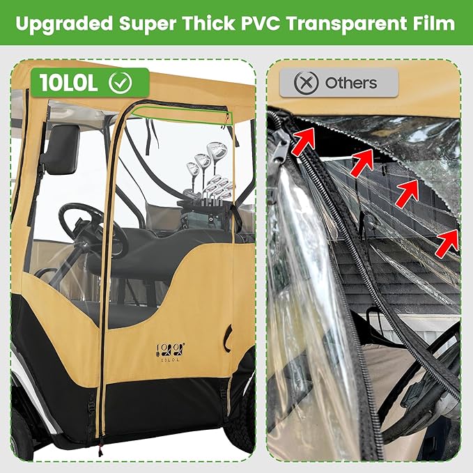 10L0L Golf Cart Enclosure Fit for 2 Passengers EZGO TXT RXV,600D Waterproof Snowproof Golf Buggy Keep Warm Cover, 2 Door Zippers 4-Side Clear Window and 4 Windproof Hooks Golf Cart Rain Cover, Black