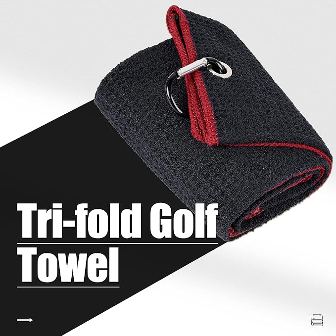 Mile High Life Tri-fold Golf Towel | 16" X 24" | Premium Microfiber Fabric | Waffle Pattern | w Heavy Duty Carabiner Clip | for Men and Women (2 Pack Black/Red)