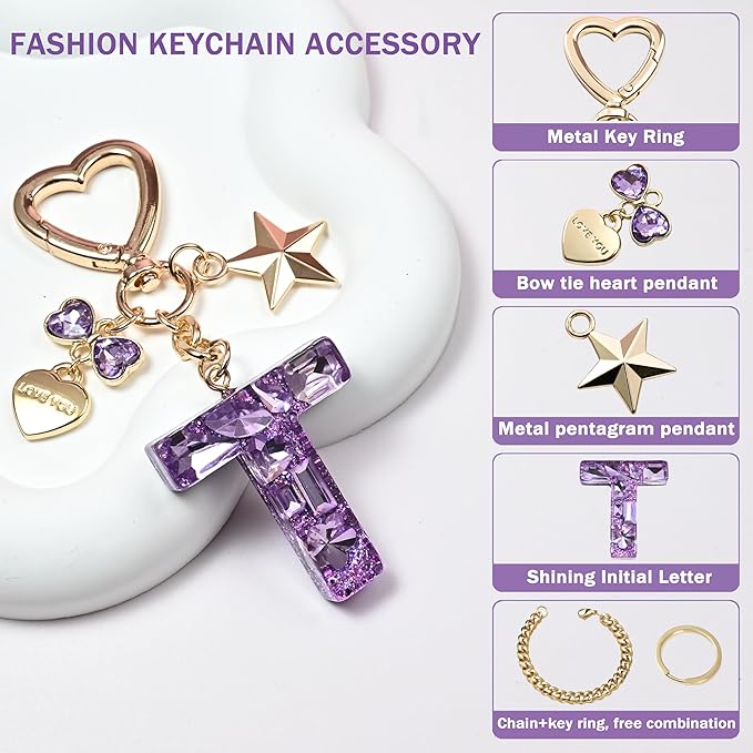 Cute Bling Keychain initial Letter Butterfly Star Pink Purple Gift for Women Girls Bag Cup Charms Accessories
