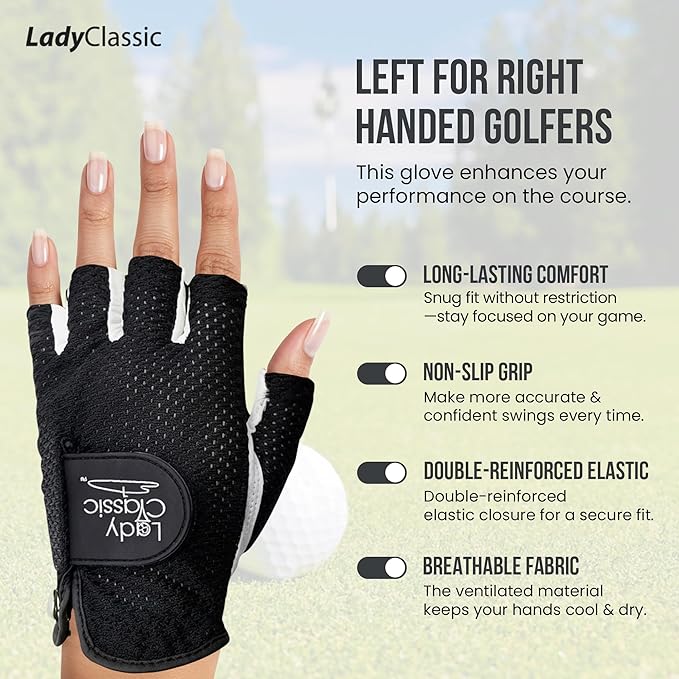 Mesh Half Golf Glove for Women – Premium Cabretta Leather Palm, Breathable Mesh Back, Half-Finger Design Ladies Golf Glove for Enhanced Grip & Comfort