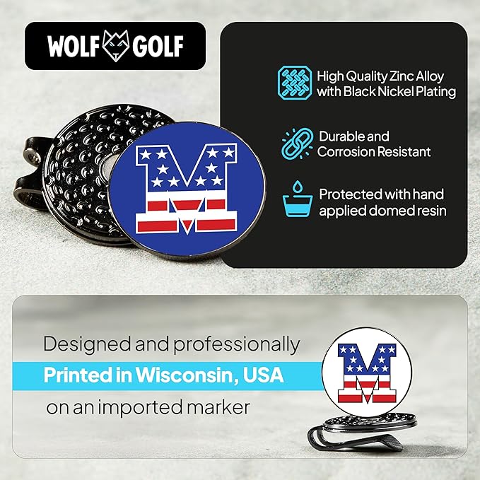 Wolf Golf Towels Golf Ball Marker Hat Clip | USA Monogram | 1 Magnetic Clip + 3 Ball Markers | Patriotic Golf Accessories for Men & Women
