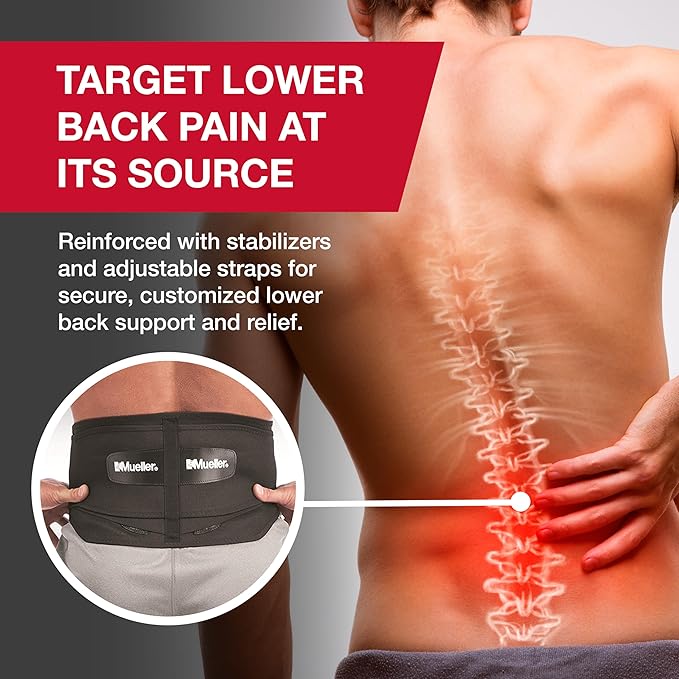 MUELLER Sports Medicine Lumbar Back Brace with Removable Pad, Ideal for Upper and Lower Back Pain, Relief & Support for Men and Women, Strains, Sciatica, Scoliosis, Black, Regular Size
