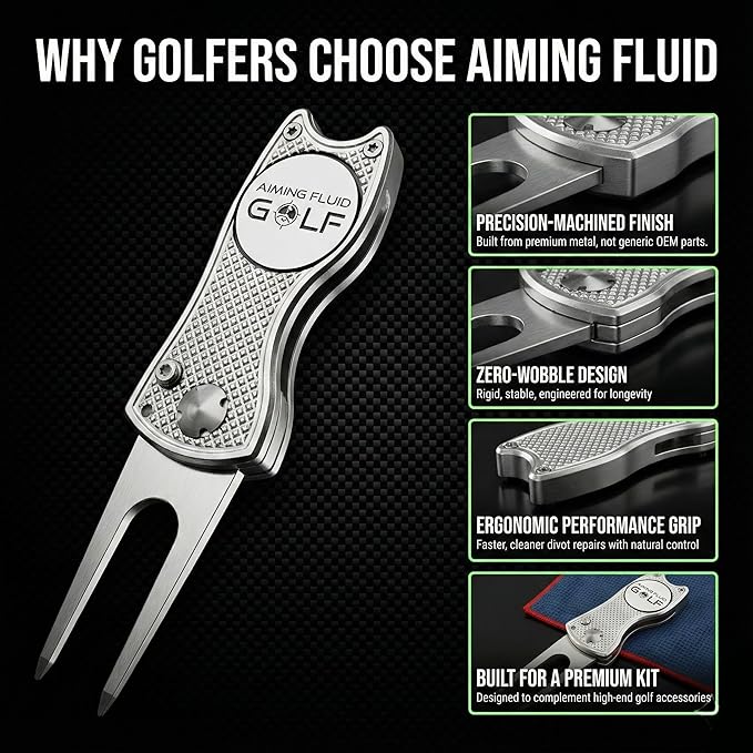 Golf Divot Repair Tool — 5-in-1 Golfing Ball Marker, Pitch Mark Repair, Putting Alignment, Club Tee, and Groove Cleaner, Accessory Metal Switchblade Design - Ideal Gift for Golfers