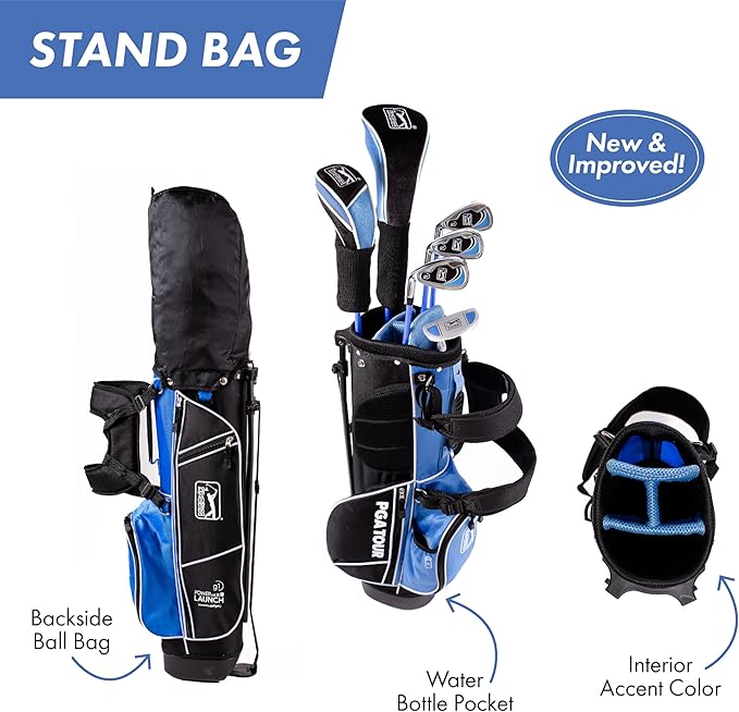 PGA Tour Youth Golf Club Set for Ages 8-12 (4’8”-5’2”) and 12+ (5’2”+), Right and Left-Handed Kids Golf Sets – Beginner Junior Golf Clubs with Lightweight Stand Bag, Mallet Putter, Hybrid, Driver