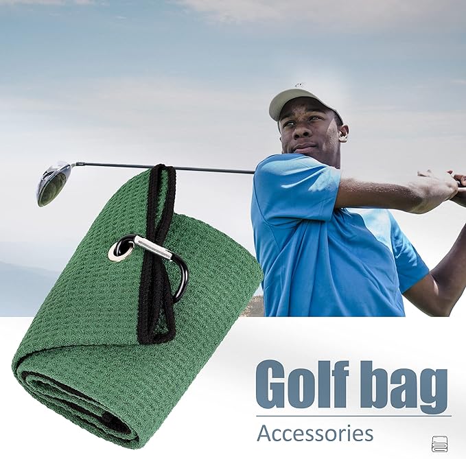 Mile High Life Tri-fold Golf Towel | Premium Microfiber Fabric | Waffle Pattern | with Heavy Duty Carabiner Clip | Golf Towel for Men and Women (GreenGolf Towel)