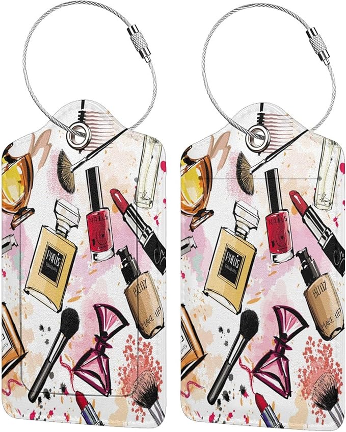 2 Pack Make Up Luggage Tags for Suitcases, Cool Leather Luggage Tag for Travel, Bag Tag Privacy Name ID Card Bag Labels for Friends Adults Kids Tourists