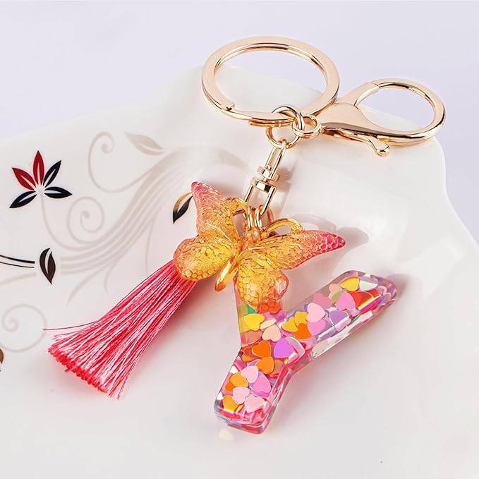 Suweibuke Colourful Cute Initial Letter Keychains for Women Girls with Tassel Butterfly, Charm for Purse Handbags Backpacks