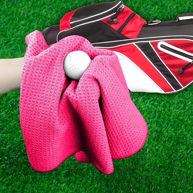 3 Pack 16" X 16" Golf Towels with Carabiner Clip, Super Absorbent Microfiber, Waffle-Pattern, Romantic Pink