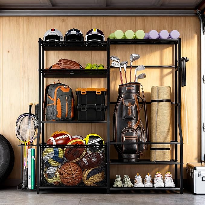 Large Sports Organizer for Garage, Ball Storage Rack Garage Sports Equipment Organizer with Side Racks, Baskets, Hooks, Multi-Purpose Golf Gear Storage for Gym Indoor Outdoor