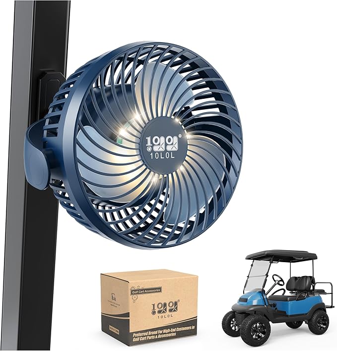 10L0L Golf Cart Fan with Magnetic Mount & 56Hrs Runtime - 8000mAh Battery, 3-Speed Cooling, Built-in LED Light, Power Bank Function - Stable ABS Design for All Golf Carts