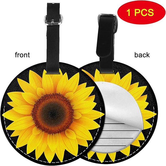 Sunflower Flower Black Luggage Tags for Suitcases, Pu Leather Baggage Tags Identifiers for Travel, Name Id Label Tags for Baggage Bag Women Men