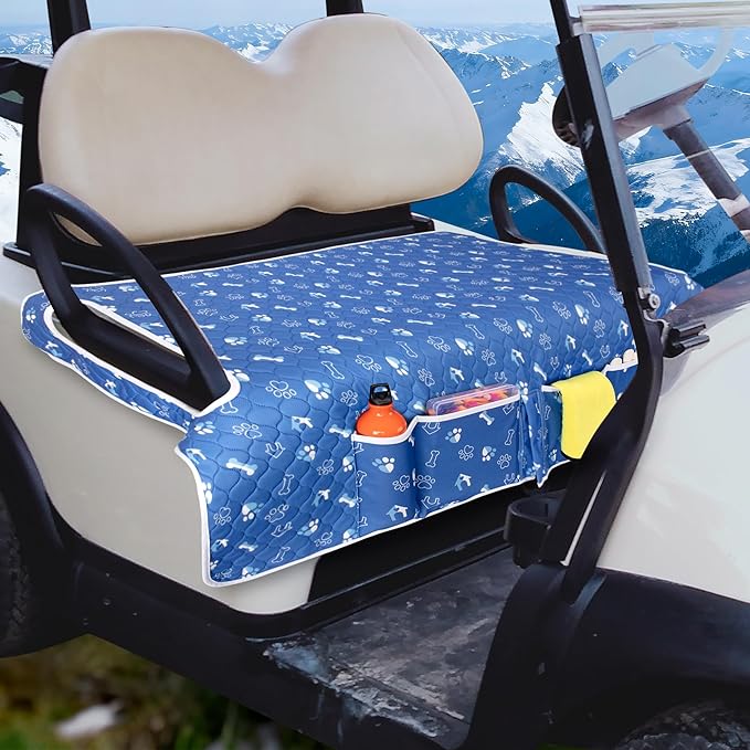 Golf Cart Seat Covers, Universal Golf Cart Seat Towel Blanket with 4 Front Pockets & Nonskid Bottom Fits for EZGO, Yamaha, Club Car and More 2 Person Seats Golf Carts