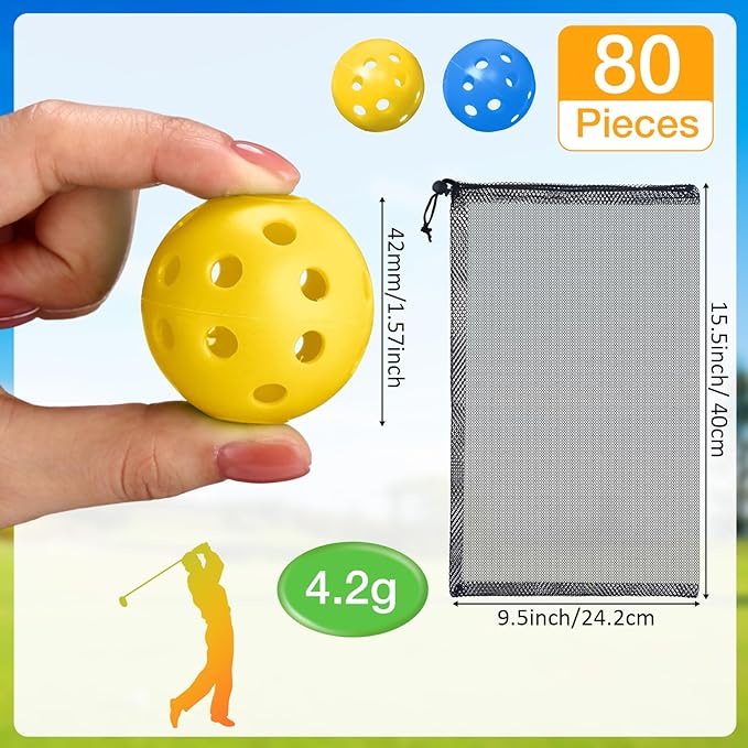 80 Pack Practice Golf Balls Limited Flight 42 mm Golf Training Airflow Hollow Plastic Ball for Women Men Indoor Outdoor Driving Range Swing Practice Home
